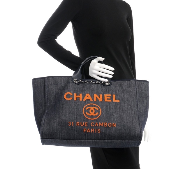 Authentic CHANEL Navy and Orange Logo Satchel - Picture 10 of 15